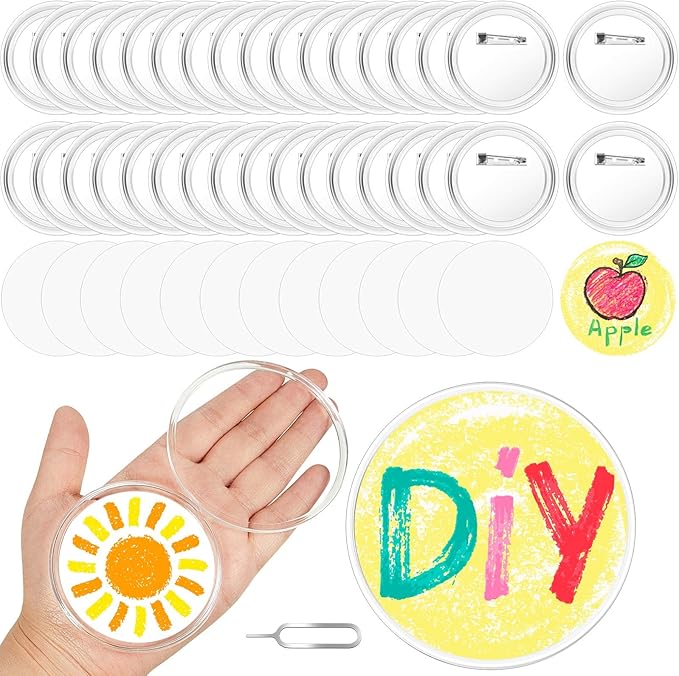 Yilloog 100 Pcs 3 Inch Acrylic Clear Buttons with 200 Paper 20 Sim Card Removal Tool Make Your Own Buttons with Pin Clear Button Pins Acrylic Design Button Badge for DIY Craft Activities