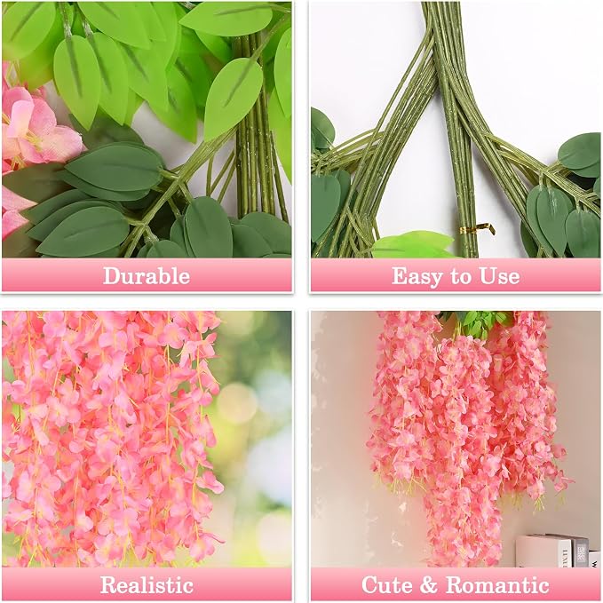 BLEUM CADE 36Pcs Deep Pink Fake Wisteria Hanging Flowers, 3.6Ft/Pcs Artificial Wisteria Garland, Hanging Flowers for Wedding Party Home Backdrop Wall Decoration