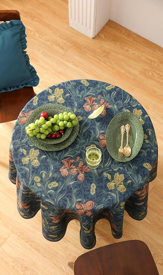 patdrea Vintage French Linen Tablecloth,Round,Diameter 67"-Herbert C | Elegant Table Cloth for Round Table,Navy Blue Floral Patterned,Dining Room Tea Party Thanksgiving Coffe Table