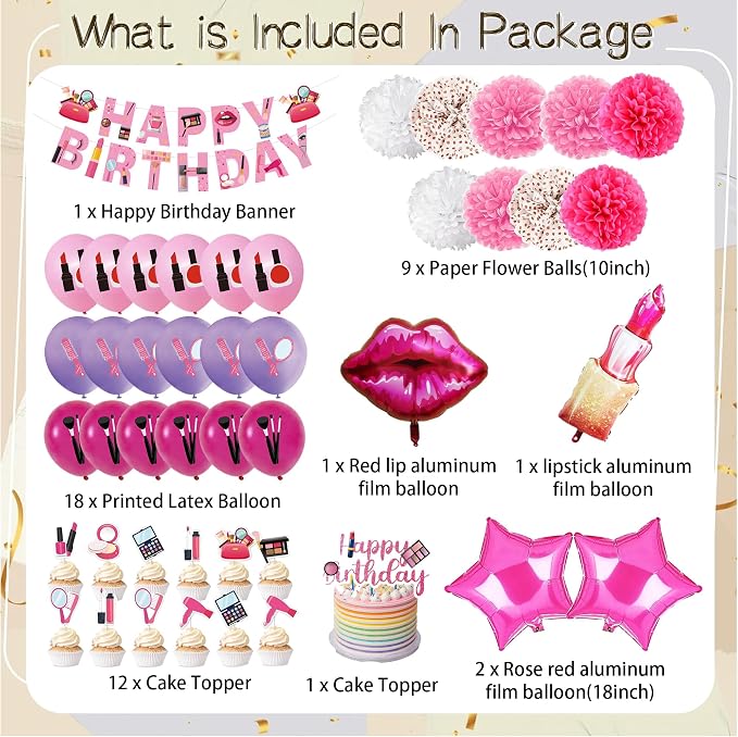 Makeup Party Supplies 66pcs Spa Party Decorations Set-Makeup Theme Party Decoration Happy Birthday Banner Happy Brirthday Makeup Birthday Cake Topper Kit Party Decorations for Girls Women
