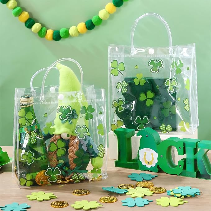 Hosuly 24 Pcs St. Patrick's Day Clear PVC Gift Bags with Handle Button Reusable Lucky Shamrock Candy Treat Goodie Bags for St. Patrick's Day Irish Theme Party Favors Supplies