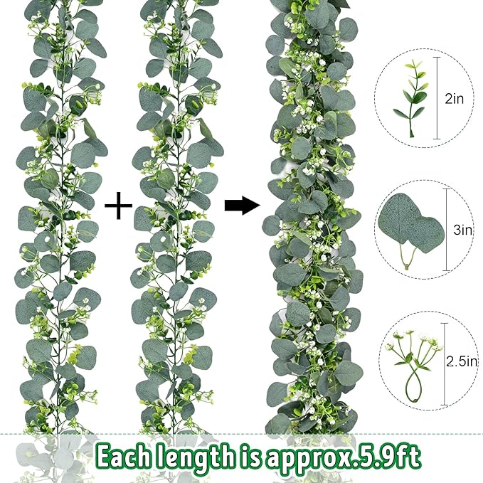 Waipfaru 2Pcs Eucalyptus Garland, 5.9FT Greenery Garland, Green Garland with Flowers, Artificial Faux Silver Dollar Eucalyptus Leaves Vines for Table Home Wedding Mantle Party Indoor Outdoor Decor