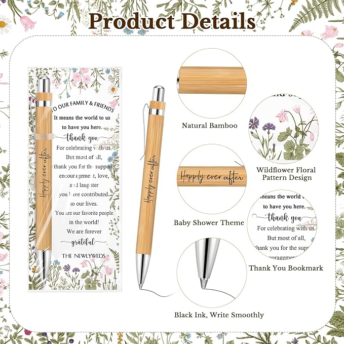 Spakon 36 Sets Wildflower Wedding Favors for Guests Bamboo Pens with Thank You Cards Clear Gift Bags Bridal Shower Gifts for Guest Souvenirs