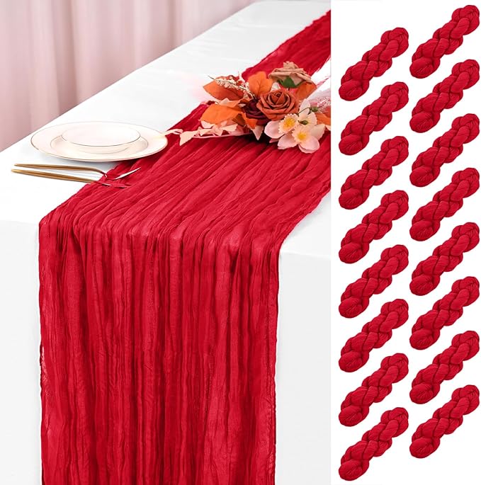 16 Pack Red Cheesecloth Table Runner 120 Inch 10FT Spring Boho Rustic Sheer Gauze Cheese Cloth Table Runner for Wedding Baby Shower Birthday Party Table Decor