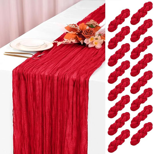 16 Pack Red Cheesecloth Table Runner 120 Inch 10FT Spring Boho Rustic Sheer Gauze Cheese Cloth Table Runner for Wedding Baby Shower Birthday Party Table Decor
