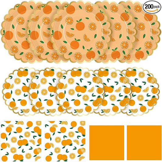 Funnymoom 200 Pcs Orange Citrus Party Supplies Kit Little Cutie Disposable Paper Dinner Dessert Plates Luncheon Napkins Beverage Napkins for Summer Fruit Birthday Baby Shower Wedding Party 50 Guests