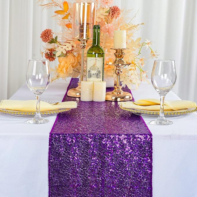 ShinyBeauty 2-Pack Royal Purple Table Runners 12x108 Inch - Premium Sequins Wedding, Fall & Holiday Decor | Long Runner for Banquet, Round Tables, Christmas, Thanksgiving, Easter Events