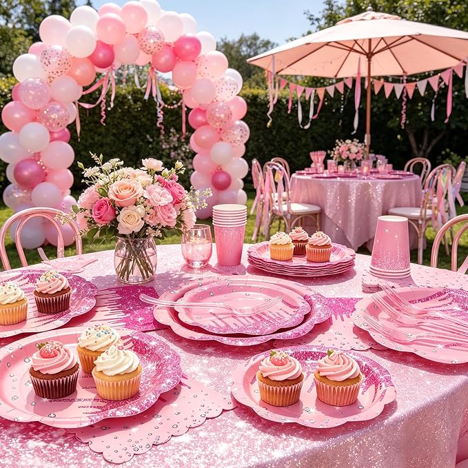 Pink Iridescent Plates and Napkins Party Supplies Set, Scalloped Disposable Plates Cups Napkins Forks Tablecloth, for Princess Birthday Baby Shower Bridal Shower Wedding Decorations, Serves 24 Guests