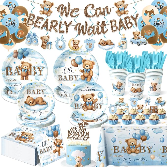 205 Pcs Blue Bear Baby Shower Decorations Boy - Serve 24, Baby Boy Party Supplies Set with Banner, Plates, Napkins, Tablecloth, Balloons, Swirls, Cake Toppers