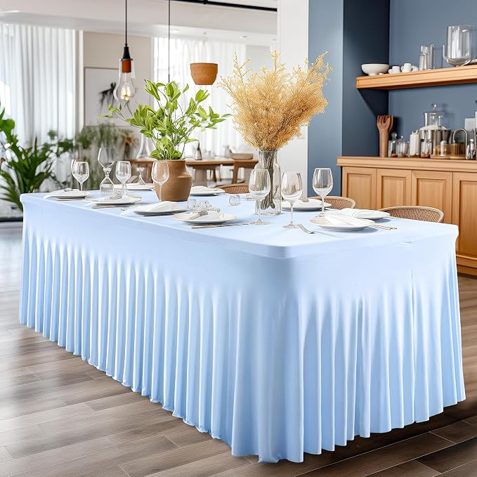 Wish Care 6 Pack Baby Blue Spandex Table Clothes for 8 Foot Rectangle Tables, 8FT Wrinkle Free Fitted Tablecloths Ruffles Design Table Cover for Party, Banquet, Wedding and Events