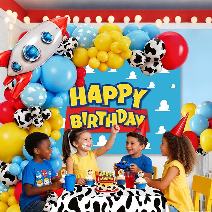 Cowboy and Space Birthday Decorations for Boys, Cartoon Theme Party Supplies with Cloud Backdrop, Cow Print Tablecloth, Rocket Foil Balloon, Cake Toppers, Red Yellow Blue Balloon Arch Kit