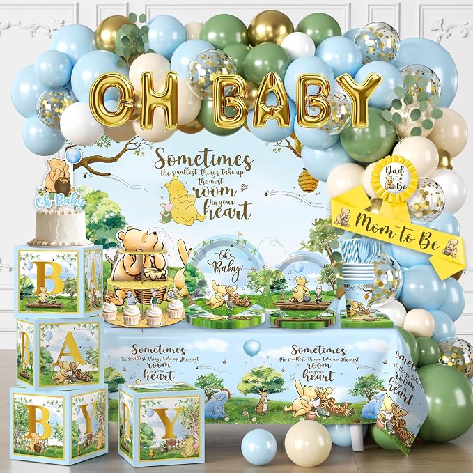 Classic Bear Baby Shower Decorations Boy, Blue Baby Shower Decorations Balloons and Baby Boxes, Backdrop, Dinnerware Set, Cake Toppers with Stand, Mom to Be Sash, Baby Shower Decor