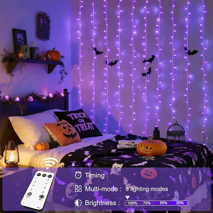 JMEXSUSS 300LED Purple Halloween Lights with Remote, 9.8x9.8ft Curtain Lights Plug in, 8 Modes Hanging String Lights for Indoor, Outdoor, Bedroom, Window, Party, Backdrop, Xmas, Halloween Decorations