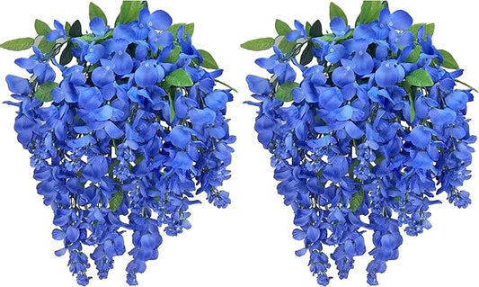 Admired by Nature 2pcs of 15 Stem Artificial Flowers Wisteria Hanging Plants Flowers for Outdoor, Fake Hanging Plant Baskets for Home Decor Wedding Garden Cemetery Flowers for Grave, Periwinkle