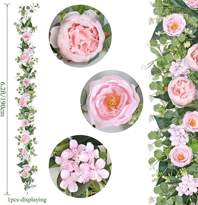 Betylifoy 2 Pack 12Ft Pink Flower Garland Artificial Eucalyptus Flower Garlands Fake Peony Rose Floral Vines Silk Hydrangea Hanging Vine Greenery Garland for Wedding Party Table Wall Backdrop Decor