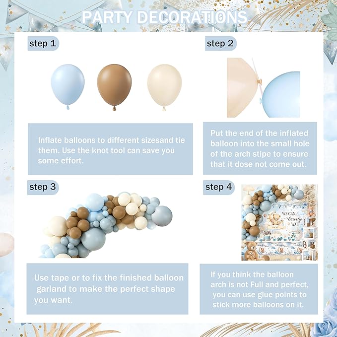 Teddy Bear Baby Shower Decorations for Boy - We Can Bearly Wait Party Supplies Include Balloon Garland Arch, Backdrop, Tablecloth, 4 Boxes, Cake Toppers - Blue Brown Boho Theme