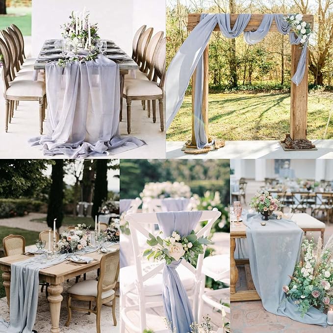 12 Packs Dusty Blue 10Ft Chiffon Table Runner 27 x 120 Inches Sheer Chiffon Table Runner Romantic Boho Rustic Wedding Table Runner for Wedding Birthday Party Decor Bridal Baby Shower Table Decoration