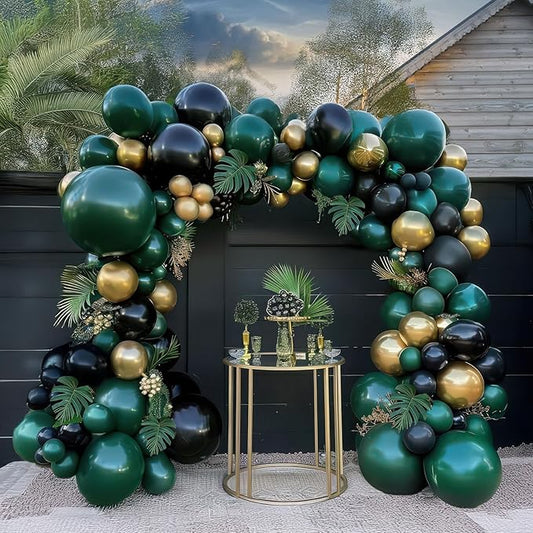 Emerald Green and gold black Balloon Garland Arch Kit Luxury Double Stuffed Dark Green Teal With Palm leaves for Summer luau hawaiian Aloha Jungle Birthday Decorations