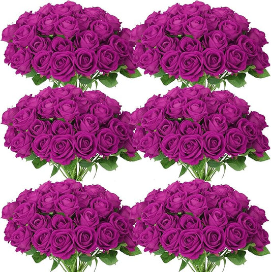 102 PCS Purple Roses Artificial Flowers, Fake Purple Roses, Purple Artificial Roses with Stems for DIY Wedding Flowers Decoration, Valentines Roses, Wedding Decoration