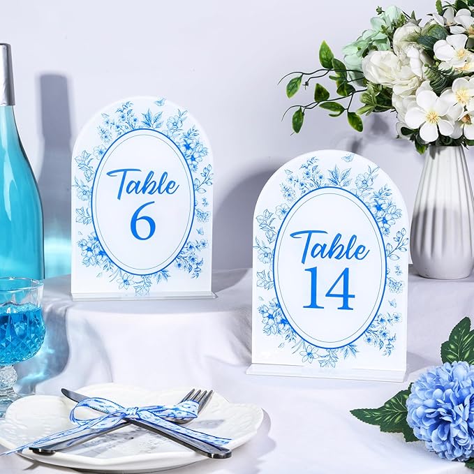 Blue Toile Themed Wedding Acrylic Table Number 1-20 with 20Pcs Stands, 5"x7" Blue Floral Place Card Centerpiece Decor Indoor Outdoor Wedding Bridal Shower Anniversary Party Reception