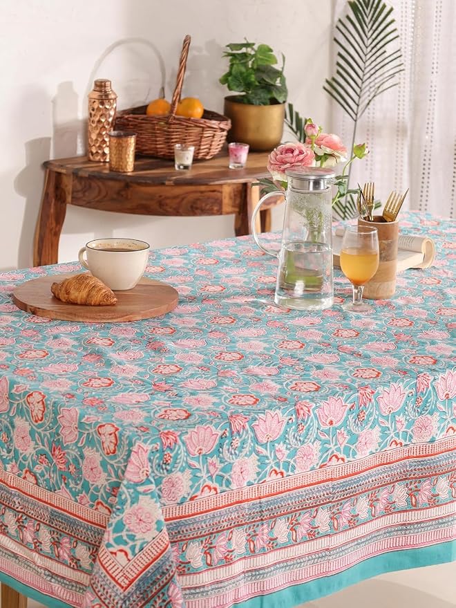 Hand Block Printed Tablecloth, Colorful Floral Print, Indian Artisan Handmade Art, Dining Room, Kitchen, Outdoor Décor, (Green Delight, 12 Seater 72 x 135 Inches Rectangle)