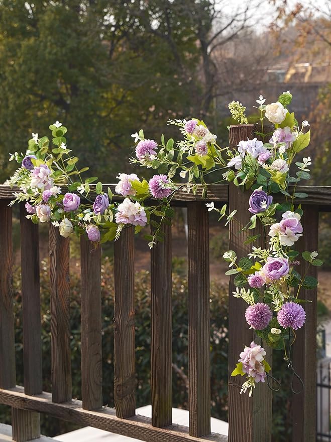 MISSPIN 5.9Ft Eucalyptus Garland with Flowers, Artificial Fake Flower Greenery Spring Garland for Baby Shower Wedding Mantle Table Centerpiece Spring Decor