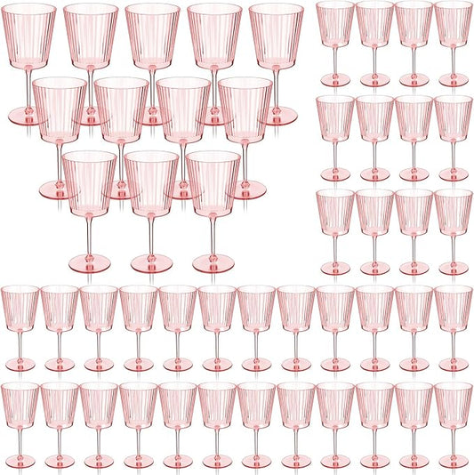 Domensi 48 Pack Plastic Wine Glasses Disposable 13 oz Ribbed Wine Glasses with Stem Unbreakable Reusable Cocktail Cups for Wedding Holiday Birthday Party Supplies (Pink)