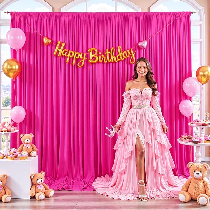 4 Panels Hot Pink Backdrop Curtain for Parties Fuchsia Wrinkle Free 20ft x 10ft Backdrop Drapes Panels for Baby Shower Birthday Photo Photography Polyester Fabric Background Decoration