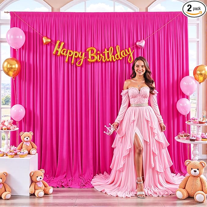 10ft x 10ft Hot Pink Backdrop Curtain for Parties Fuchsia Wrinkle Free Backdrop Drapes Panels for Baby Shower Birthday Photo Photography Polyester Fabric Background Decoration