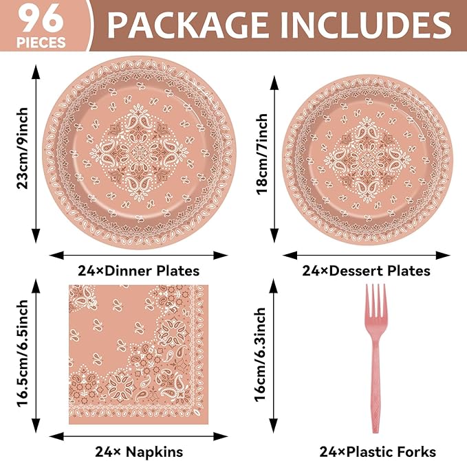 96Pcs Western Bandana Party Plates and Napkins for Pink Cowgirl Birthday Supplies Cowboy Themed Paper Dessert Plates Paisley Tableware Set for Kids Girls 24 Guests Birthday Party Decorations