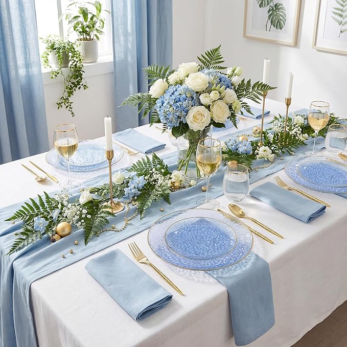 I00000 150Pcs Clear Blue Plastic Plates with Gold Rim,Blue Disposable Plates,Clear Hammer Patterned Disposable plates Set include 30 Dinner Plate,30 Dessert Plate,90 plastic Silverware Set for Party