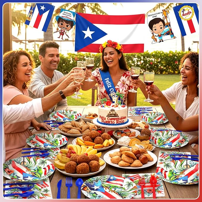 FoldTier 175 Pcs Puerto Rico Party Supplies Disposable Paper Plates Napkins Cups Puerto Rico Theme Birthday Party Decorations Tableware Flag Frog for Holiday Festival Family Serve 25 Guests