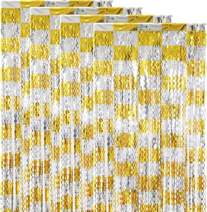 GOER Metallic Tinsel Foil Fringe Curtains Party Photo Backdrop Party Streamers for Birthday,Graduation,New Year Eve Decorations Wedding Decor (4 Packs,Gold&Silver)