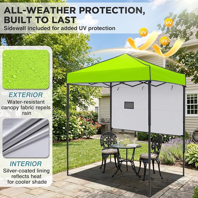 EAGLE PEAK 6x4 Instant Pop Up Canopy Tent with 1 Half Wall Panel, Straight Leg Sun Shelter, Portable Canopy with Carry Bag for Camping, Beach & Sports, Neon Green