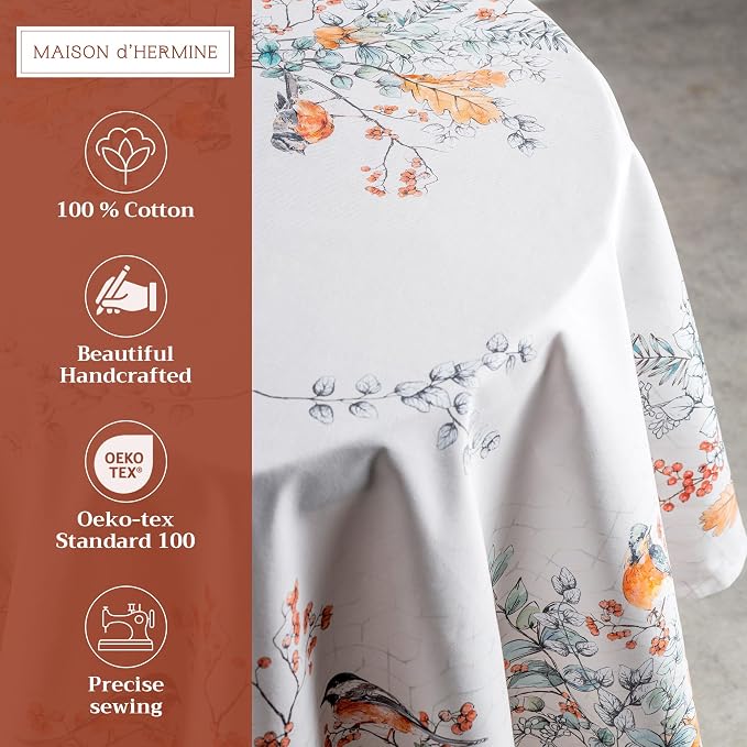 Maison d' Hermine Table Cloth Round Table 100% Cotton 63 Inches Fall Tablecloth Reusable Everyday Use for Thanksgiving Christmas Decorations Dining Farmhouse Party (Whitish Shabby Chique)