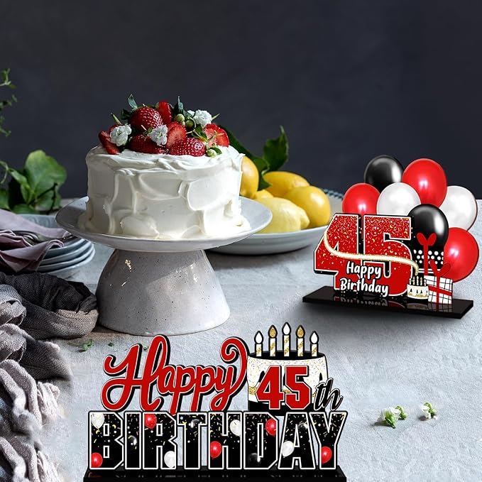 LINGTEER Happy 45th Birthday Red Acrylic Table Topper Centerpieces Set - Cheers to 45 Years Old Birthday 45th Bday Party Gift Decorations.