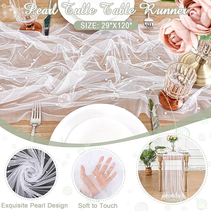 Pearl Gauze Table Runner Sheer Tulle Fabric Set of 6 White Lace Table Runners 29x120 Inch Boho Rustic Desk Centerpieces for Bridal Shower Birthday Party Wedding Arch Aisle Veil Dessert Table Decor