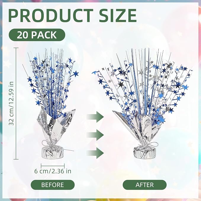 20 Pack Blue Silver Foil Spray Centerpiece Star Table Decoration Metallic Burst Table Centerpieces for Birthday Graduation New Year Wedding Anniversary Party Supply (Blue Silver)