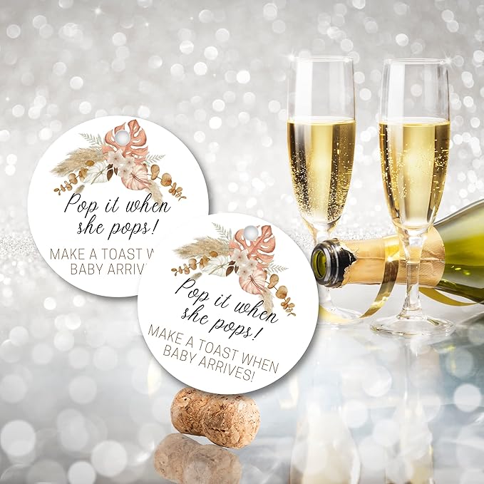 Pop It When She Pops Champagne | 30 Pack | 2.5" Circle Tag With Pre-Cut Hole | Baby Shower Party Favor | Boho Flower Design