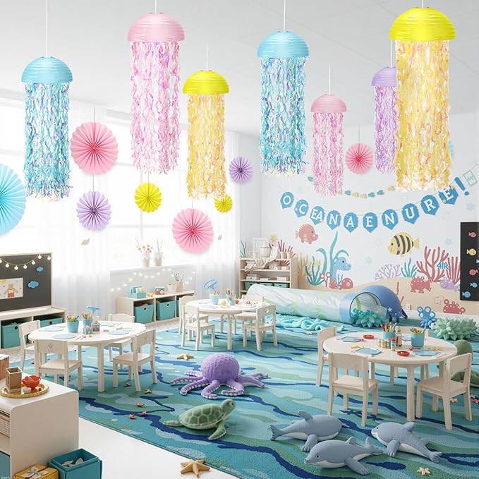 16 Pcs Hanging Jellyfish Paper Lantern Set Includes Jellyfish Lantern Paper Folding Fan Bubble for Mermaid Birthday Sea Ocean Theme Parties Classroom Decorations (Macaron Colors)