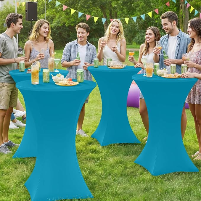 Moosfor Spandex Cocktail Table Covers 4 Pack, Elastic Fitted Stretch Table Cloth, Round High Top Tablecloths for Bar, Party, Pub, Wedding & Banquet (Turquoise, 32x43 Inch)