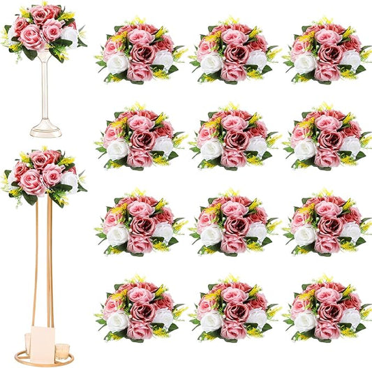 Hotop 12 Pcs Artificial Rose Flower Balls for Centerpieces, Silk Roses Kissing Balls Romantic Faux Floral Arrangements for Engagement Wedding Home Decor (Dusty Pink,Pink,White)