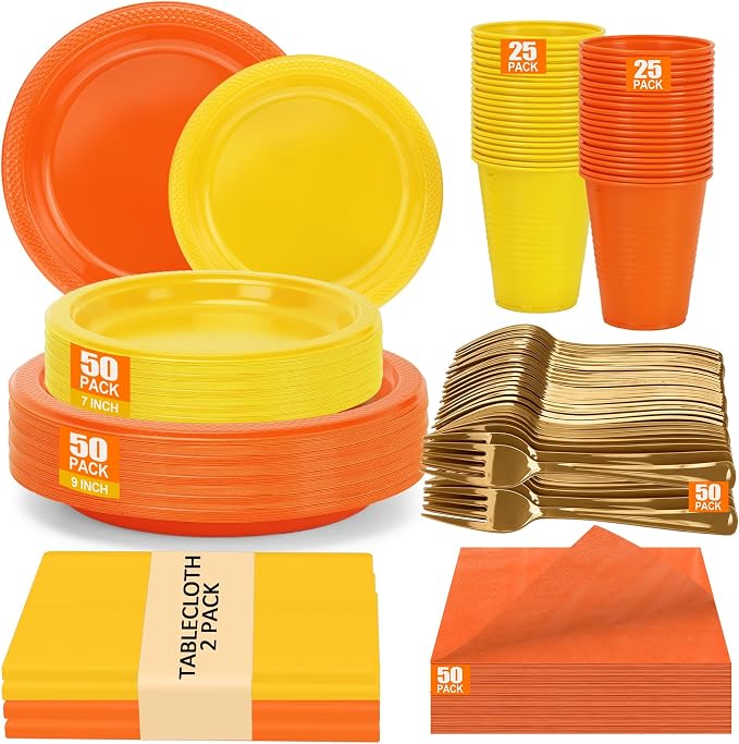 Fall Plastic Plates for Party,Disposable Orange and Yellow Party Supplies,50 of Each 9" Dinner,7" Dessert Plate,Napkins,Cups,Forks and 2 Tablecloth Dinnerware for Birthday & Fall Thanksgiving