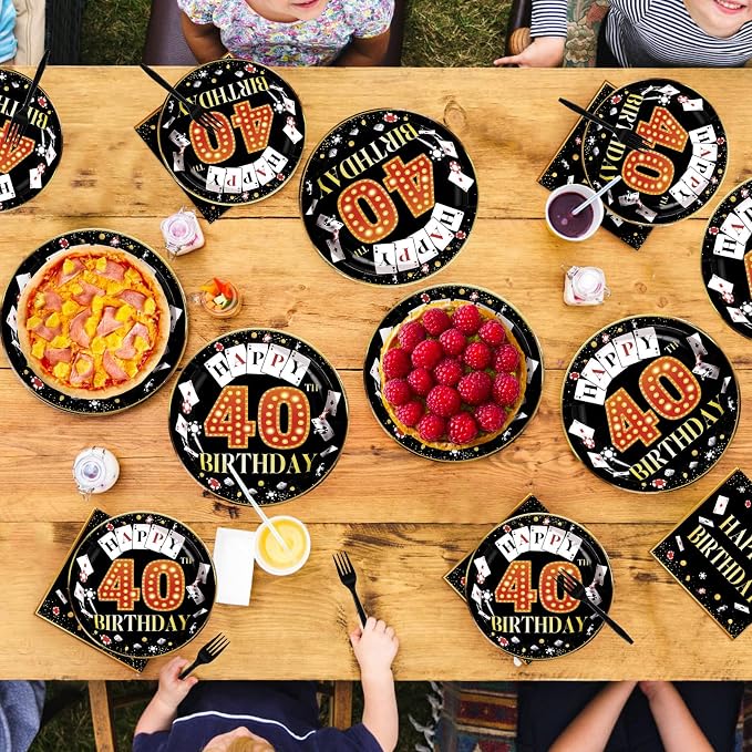 96Pcs Casino 40th Birthday Decoration Casino Themed Paper Plates and Napkins 40th Las Vegas Party Decoration for 40 Years Birthday Poker Game Night Vegas Party Supplies