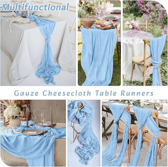 16Pack Baby Blue Table Runner 10FT Light Blue Cheesecloth Table Runner 35x120Inch Long Boho Gauze Cheese Cloth Table Runners Rustic Sheer Table Runners for Wedding Baby Shower Bridal Shower Decor