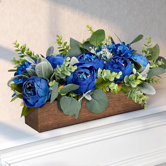 Royal Blue Flower Centerpieces for Table, Pre-Made Artificial Peony Hydrangea Centerpieces for Dining Table Wood Flowers Centerpieces for Wedding Graduation Living Room Party Bar Kitchen Table