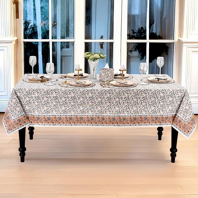 Ridhi Block Print Brown Meadow Vine Rectangle Cotton Tablecloth 108" x 60" Reusable Table Cover Decorative Everyday Use for Dining, Farmhouse, Home Gift for Spring, Easter, Valentine