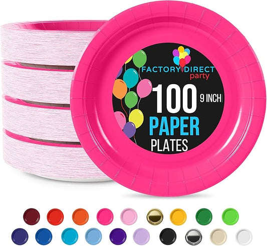 Exquisite Hot Pink Paper Plates Disposable Heavy Duty 9 Inch Hot Pink Disposable Plates For Party 100 Pcs Heavy Duty Paper Plate 350 GSM, Birthday Party Supplies Plate Set