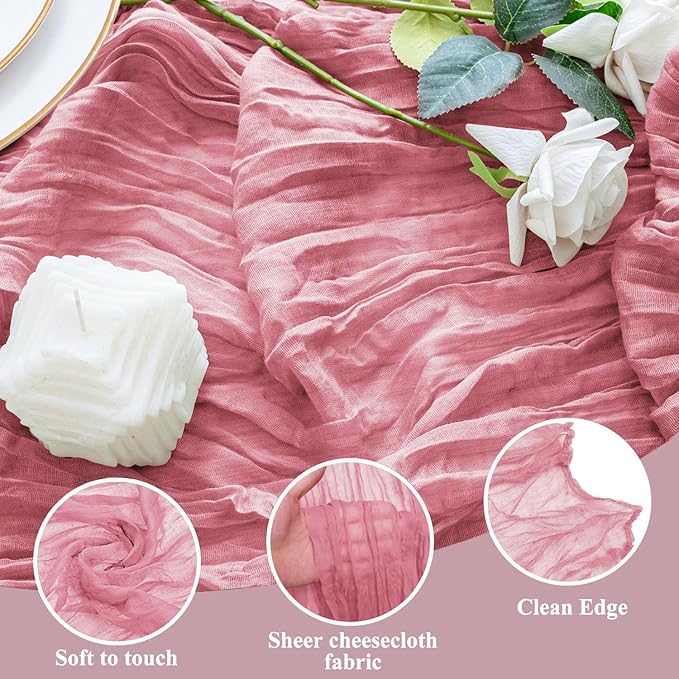 2PCS Table Runner Cheesecloth 10FT Dusty Rose Boho Gauze Cheese Cloth Rustic Sheer Table Runners for Wedding Birthday Bridal Baby Shower Party Decoration