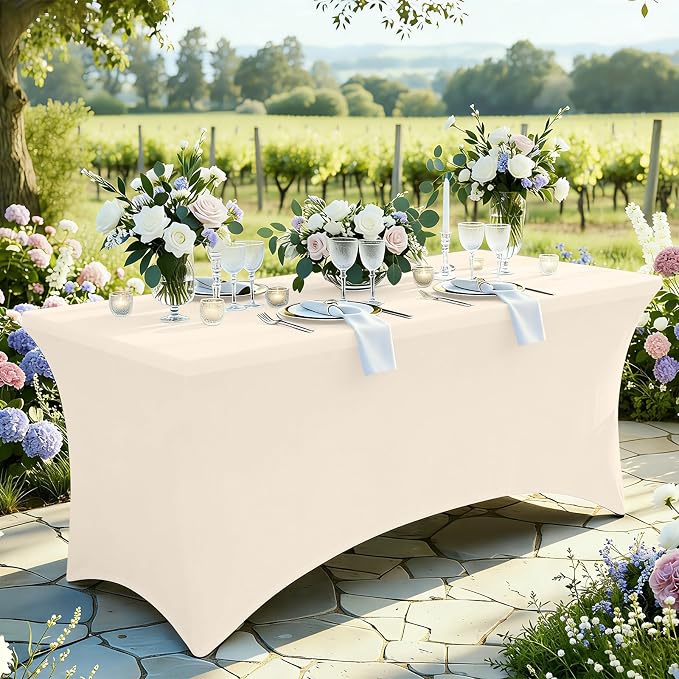 Moosfor Spandex Elastic Fitted 6FT Rectangle Tablecloth 6 Pack, Stretch Washable Reusable Table Cover for Outdoor Picnic, Dining, Wedding, Banquet & Party Events (Beige, 72Lx30Wx30H Inch)